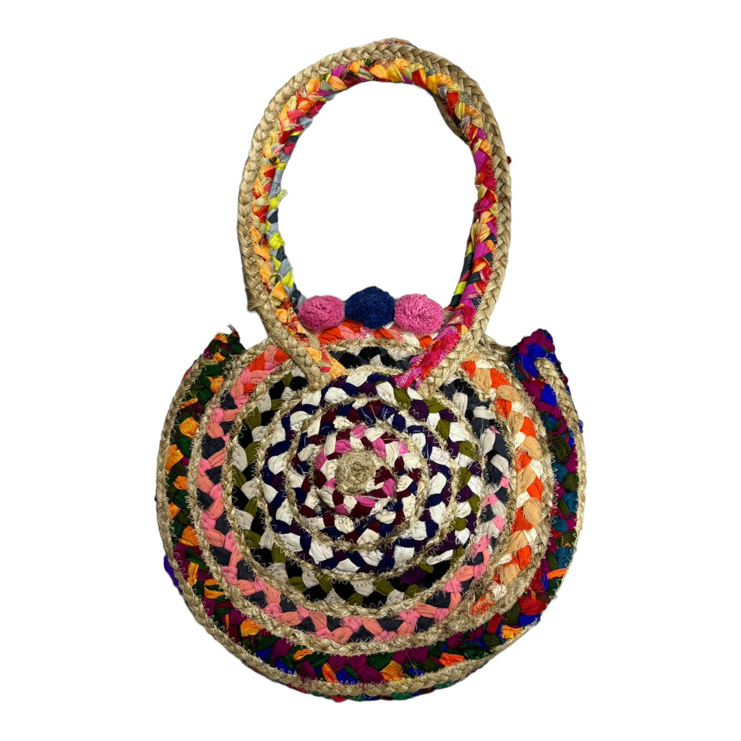 Vintage Addiction Round jute handbag with perforated pattern